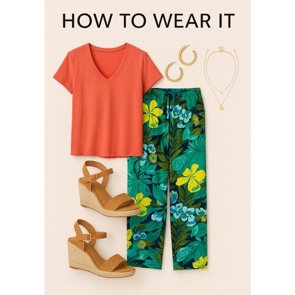 Talbots Tropical Floral Pull-On Pants Small Blue Green Relaxed Travel Resort - Picture 6 of 7